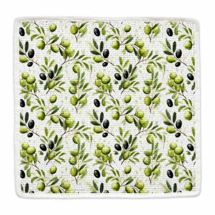 This CJ Bella Green &amp; Black Olives Wash Cloth features a vibrant olive print on a premium waffle weave fabric.