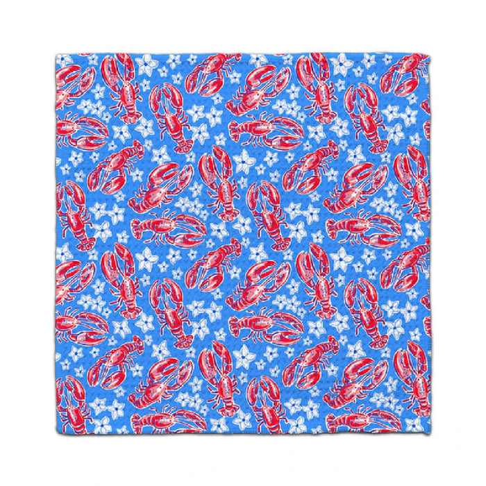 A colorful lobster illustration in red and blue set on a blue backdrop.