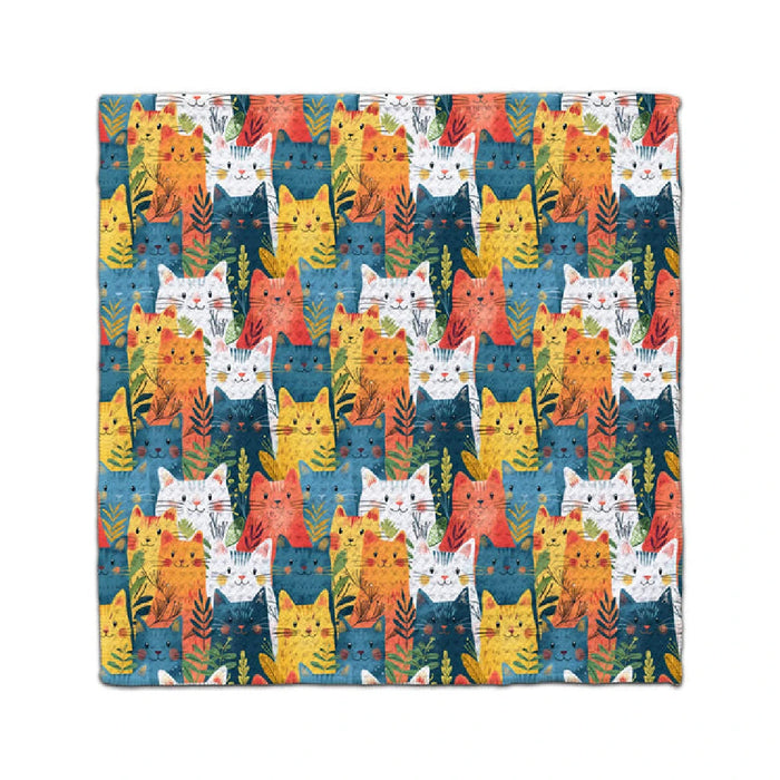 A playful design featuring various colorful cats on a blue backdrop.