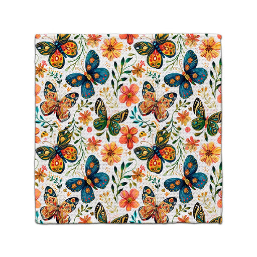 A striking pattern of multicolored butterflies on a white backdrop, showcasing intricate designs and vivid hues.