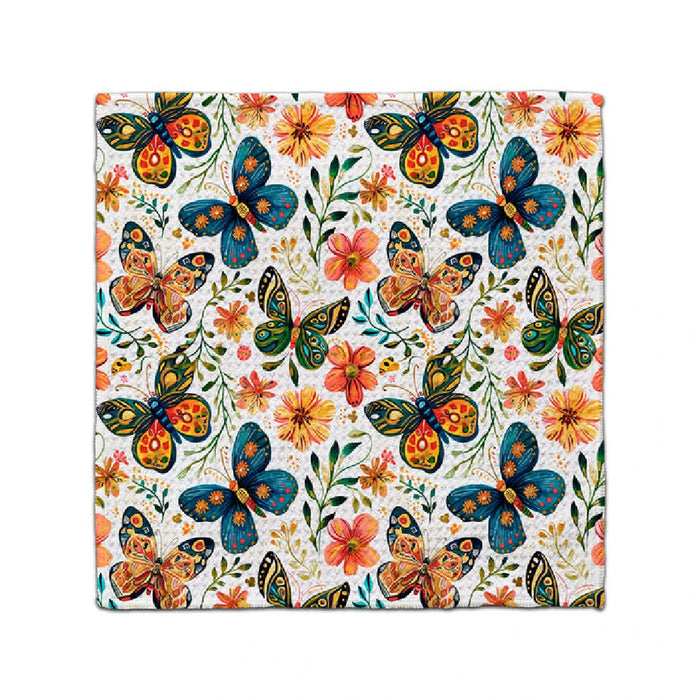 A striking pattern of multicolored butterflies on a white backdrop, showcasing intricate designs and vivid hues.