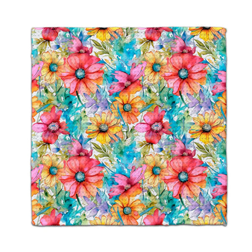 A vibrant floral pattern featuring various colors on a clean white background.