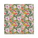 A floral napkin featuring a pattern of green, pink, and yellow flowers on a white background.
