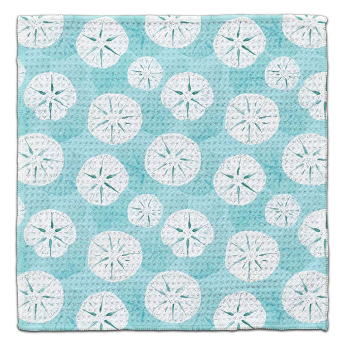 This CJ Bella White Sand Dollars Waffle Weave Washcloth features charming hand-illustrated sand dollar artwork.
