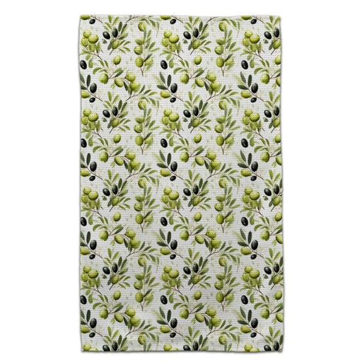 This CJ Bella Green &amp; Black Olives Waffle Weave Towel brings Mediterranean charm to your kitchen.