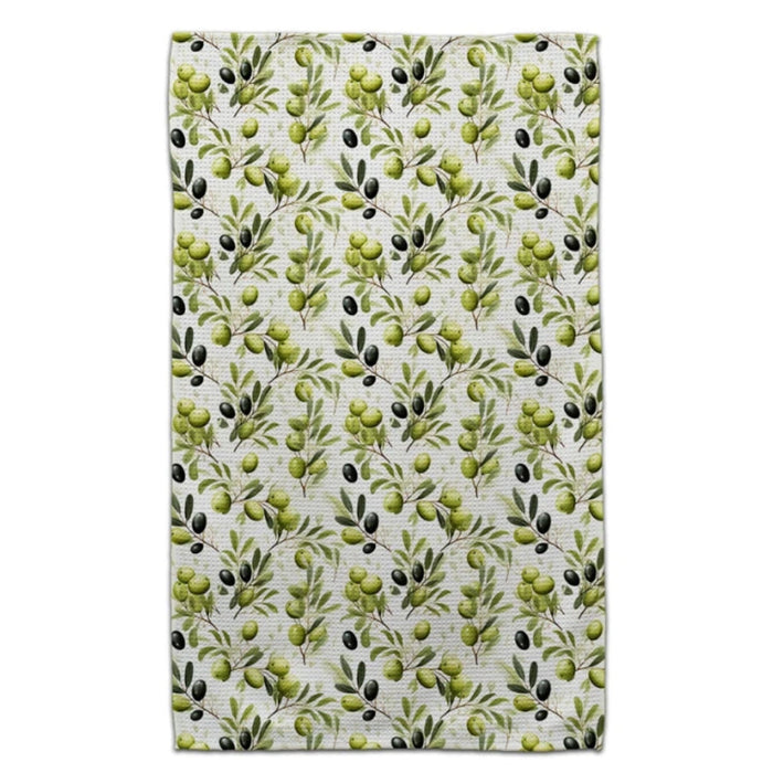 This CJ Bella Green &amp; Black Olives Waffle Weave Towel brings Mediterranean charm to your kitchen.