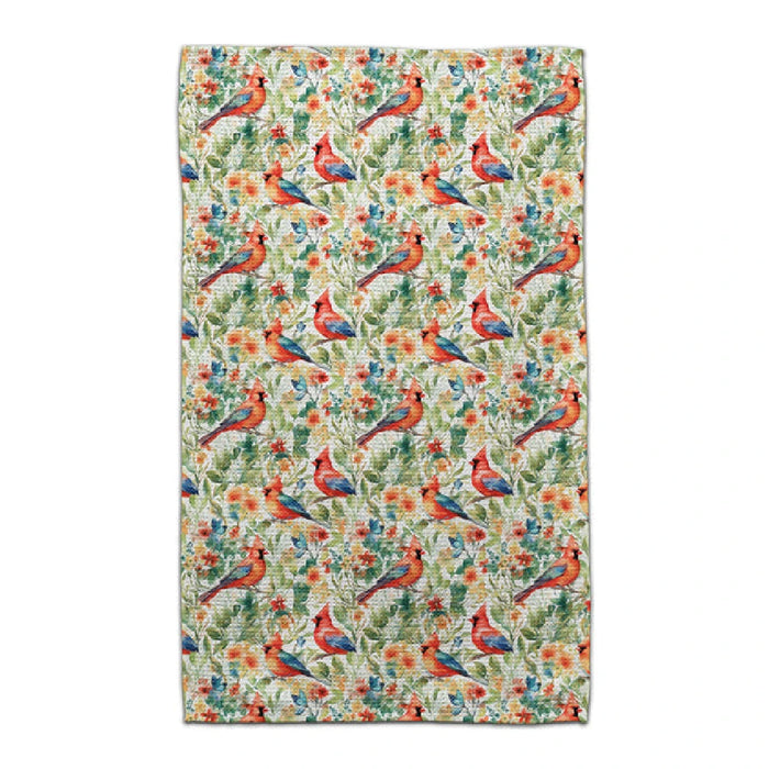 A patterned Towel with an array of colorful birds, creating a cheerful and decorative look.