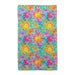 A colorful towel with a sun print on a blue background, adding a bright touch to any beach or pool setting.
