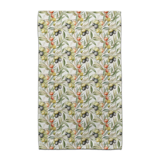 A decorative towel adorned with an olive branch motif, highlighting intricate green leaves against a neutral fabric.