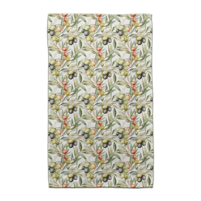 A decorative towel adorned with an olive branch motif, highlighting intricate green leaves against a neutral fabric.