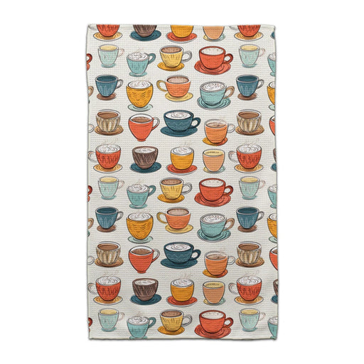 A tea towel featuring an array of colorful cups and saucers in various patterns and designs.