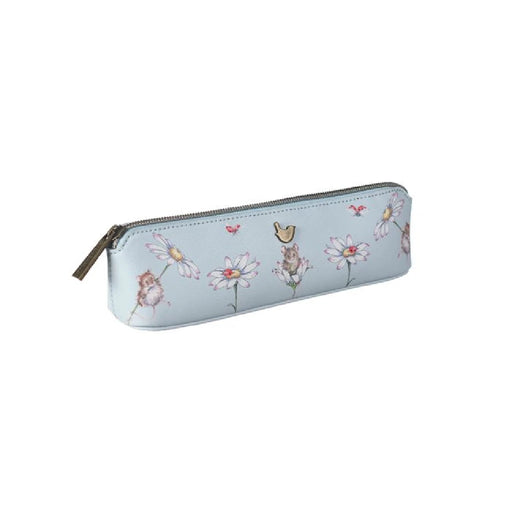 A pencil case featuring a colorful flower design on its exterior.