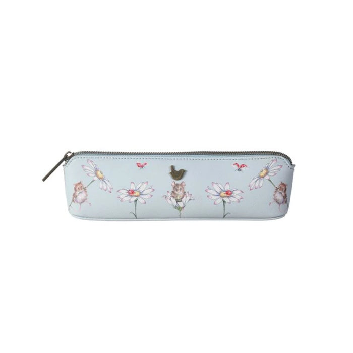 A pencil case adorned with a vibrant floral pattern.