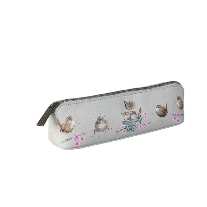 A pencil case displaying a whimsical bird design.