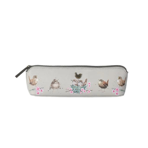 A pencil case featuring a colorful bird design on its exterior.