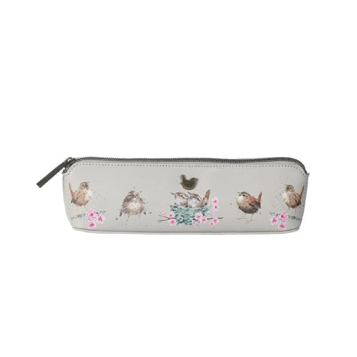 A pencil case featuring a colorful bird design on its exterior.