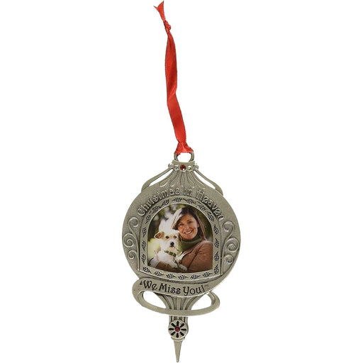 Decorative ornament with a photo of a woman and dog, text 'In Memory of Heaven' and 'We Miss You'.