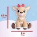 Plush deer toy with a red bow on a blue background, showing measurements.