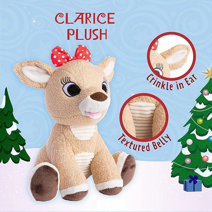Plush deer toy with crinkle in ear and textured belly features, surrounded by Christmas trees and a gift.