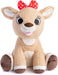 Plush deer toy with a red bow on a white background