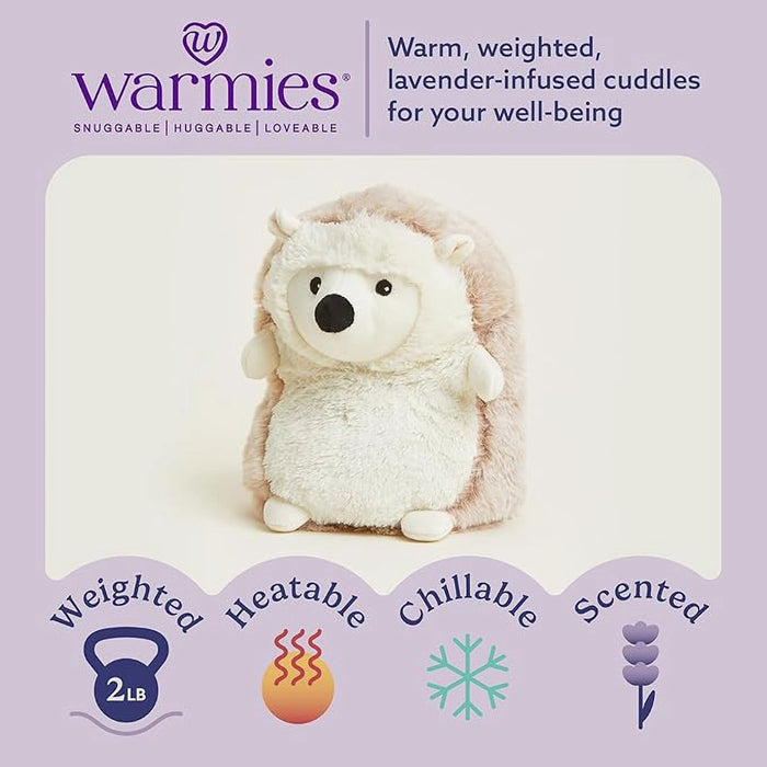 Warmies hedgehog-shaped product with features listed on a purple background