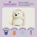 Warmies hedgehog-shaped product with features listed on a purple background