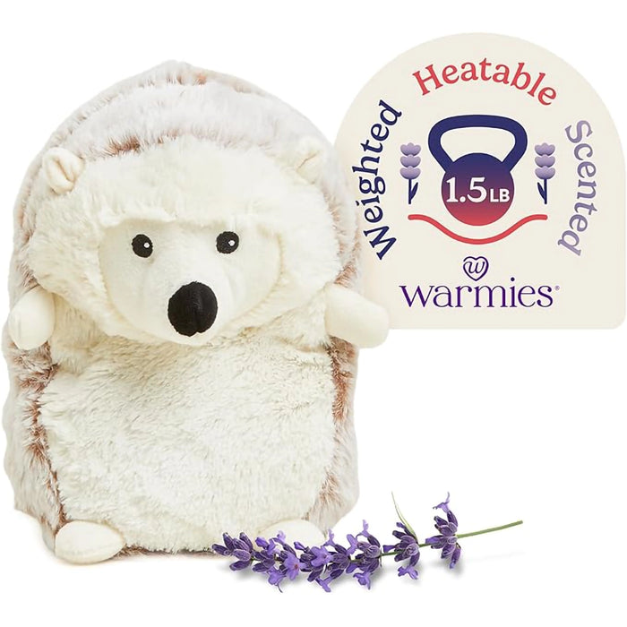 Plush hedgehog toy with a 'Warmies' sign indicating it is heatable, scented, and weighted.