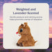 Plush toy resembling a squirrel with text about weighted and lavender-scented properties on a scenic background.