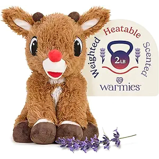 Plush deer toy with a Warmies branded heatable and scented tag on a white background