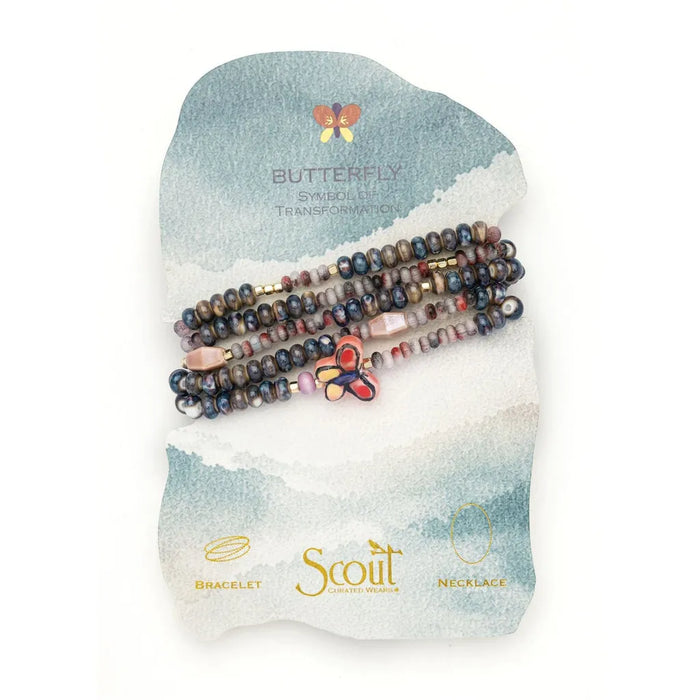 Scout Curated Wears ceramic bead wrap bracelet/necklace with multicolored beads and butterfly charm on Transformation card.