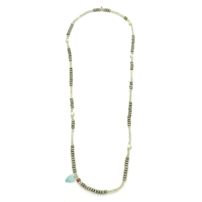 Scout Curated Wears Renewal/Leaf ceramic bead wrap bracelet/necklace with pale green beads and a mint leaf charm.