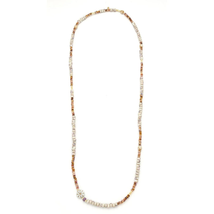 Scout Abundance/Sun ceramic bead wrap bracelet/necklace with cream, pink, amber, and lavender beads and a gold-tone sun motif.