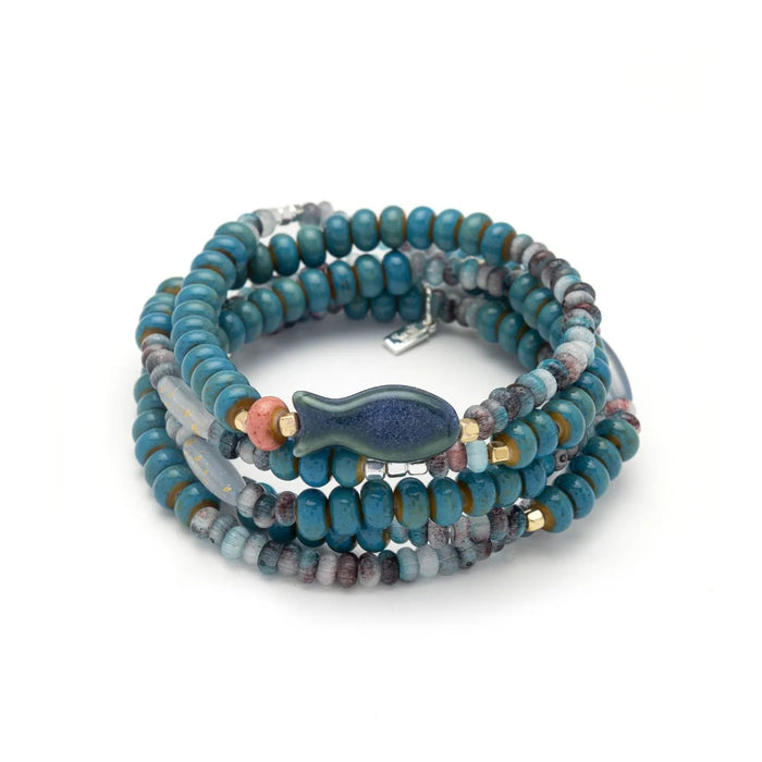 Scout Curated Wears Harmony/Fish ceramic bead jewelry with a convertible design for wearing as a wrap bracelet or necklace.