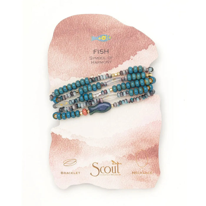 Scout Curated Wears Harmony/Fish ceramic bead jewelry with a convertible design for wearing as a wrap bracelet or necklace.