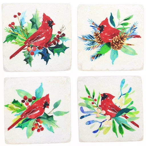 Set of four coasters with red cardinal birds and winter foliage on a white background