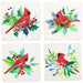 Set of four coasters with red cardinal birds and winter foliage on a white background