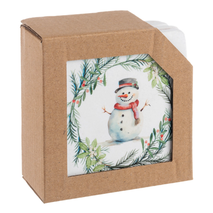 Cardboard box with a snowman design on a white background