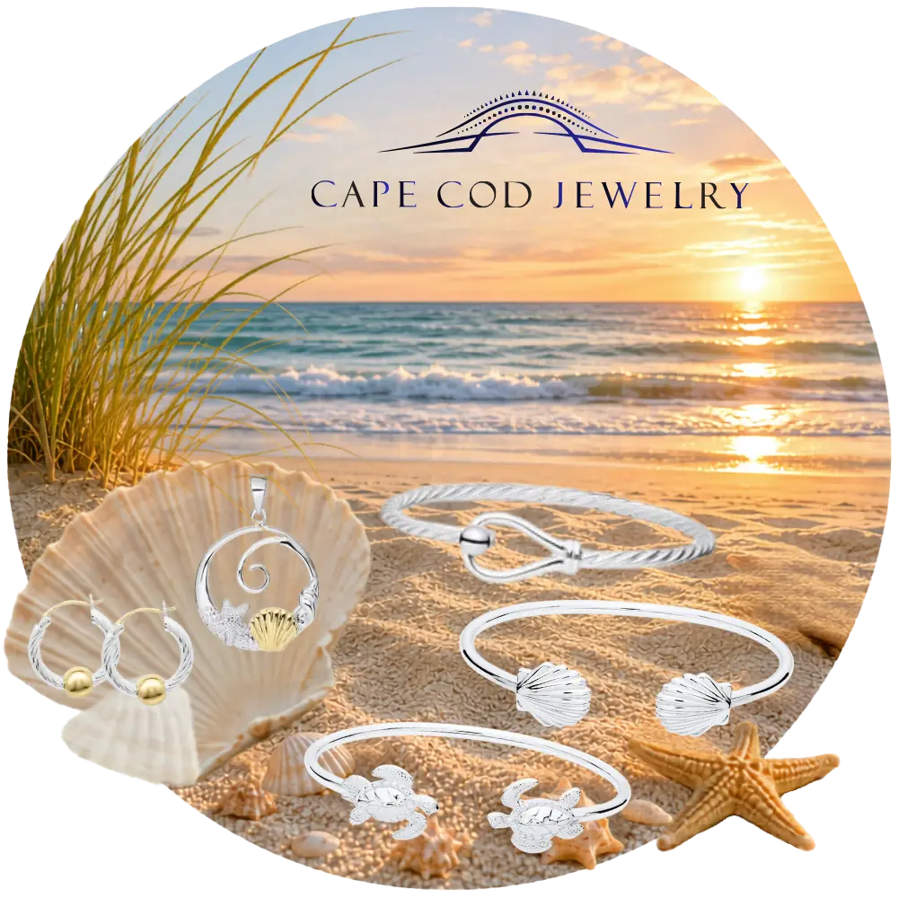 Cape Cod Jewelry display with silver jewelry on a beach setting