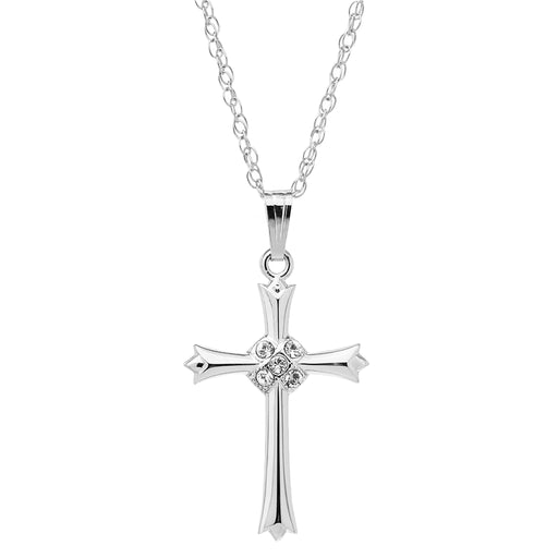 Silver cross pendant necklace on a white background