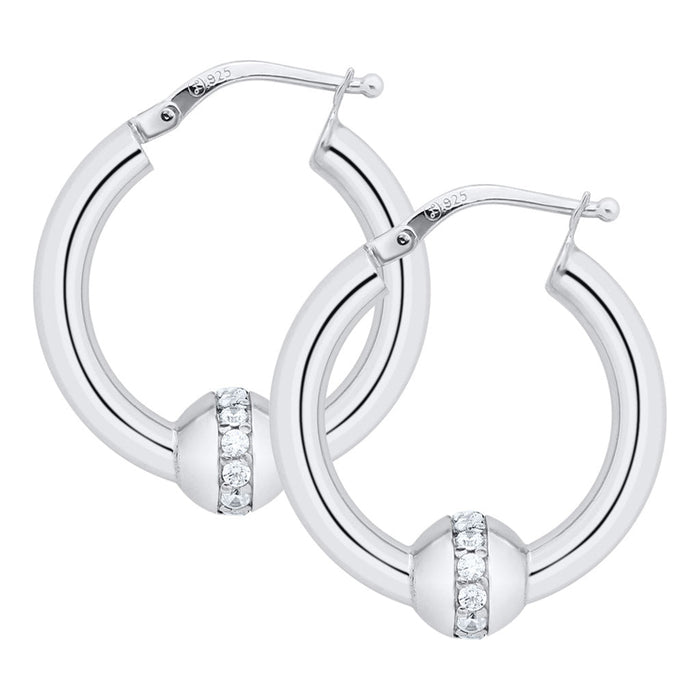 Silver hoop earrings with small diamonds on a white background