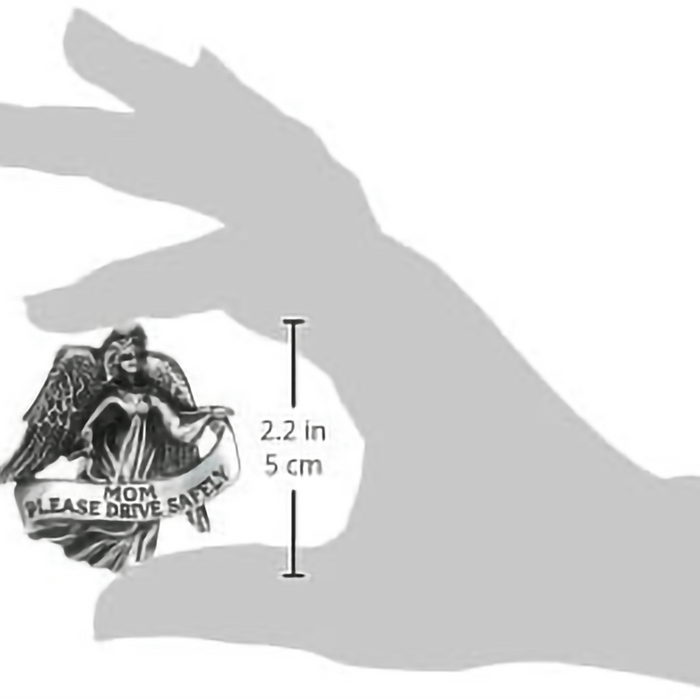 Mom Please Drive Safely Visor Pin held in hand with size dimensions 