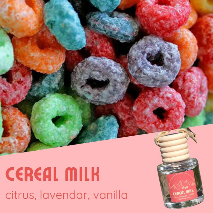 Colorful cereal-shaped candies with a bottle labeled 'Cereal Milk' on a pink background