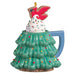 Isolated green tiered tree mug ornament with blue handle, frosting, sprinkles, and cardinal cookie