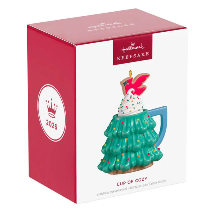 Hallmark 2026 Cup of Cozy keepsake box front showing green tree mug ornament design