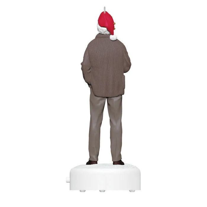Back view of Clark Griswold ornament with brown ribbed cardigan and snow-textured base