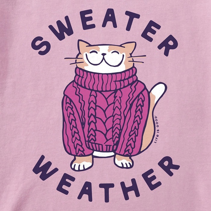 Close-up of Life Is Good Sweater Weather Cat graphic showing smiling cat in pink sweater surrounded by ‘Sweater Weather’ text.
