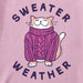 Close-up of Life Is Good Sweater Weather Cat graphic showing smiling cat in pink sweater surrounded by ‘Sweater Weather’ text.