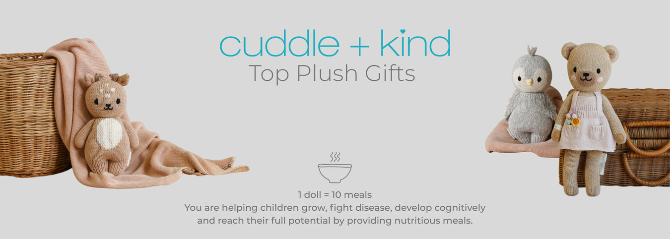 Cuddle + Kind plush toys with a basket and text about top plush gifts and nutritional benefits.
