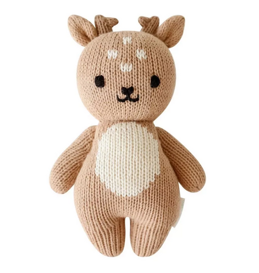 Cuddle + Kind Baby Fawn – handmade knit stuffed deer doll with white belly and embroidered details.