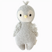 Front view of a hand-knit baby penguin doll in gray and cream yarn with a yellow beak, black stitched eyes, fuzzy wings, and a tuft of yarn on its head.